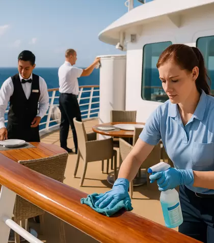 Tripulantes trabajando a bordo de un crucero: tareas intensas y coordinaci�n constante en altamar.