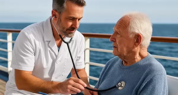 M�dico atendiendo a un pasajero en la cubierta de un crucero: asistencia profesional en altamar ante cualquier emergencia.