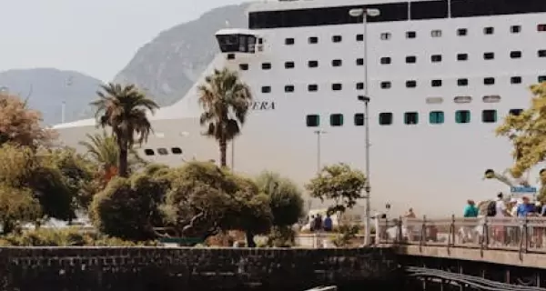 Un gran crucero atracado en un pintoresco puerto rodeado de palmeras y monta�as.