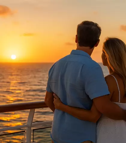 Atardecer en pareja desde la cubierta del crucero: un viaje para reconectar y compartir experiencias inolvidables.