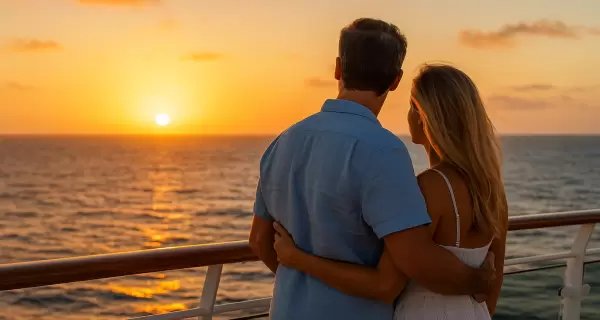 Atardecer en pareja desde la cubierta del crucero: un viaje para reconectar y compartir experiencias inolvidables.